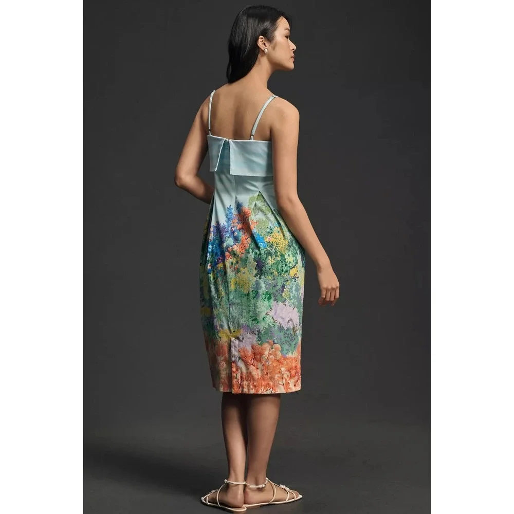 Anthropologie sleeveless fold over knee‎ length Dress floral Midi Blue Size L - Picture 2 of 14